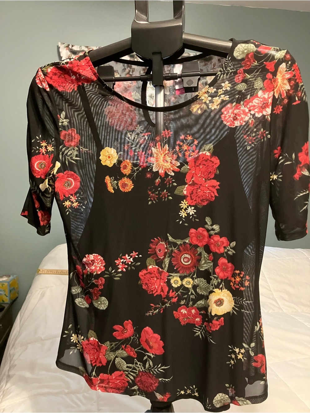 No Boundaries Floral Mesh Sheer Top LG Y2K Goth Boho